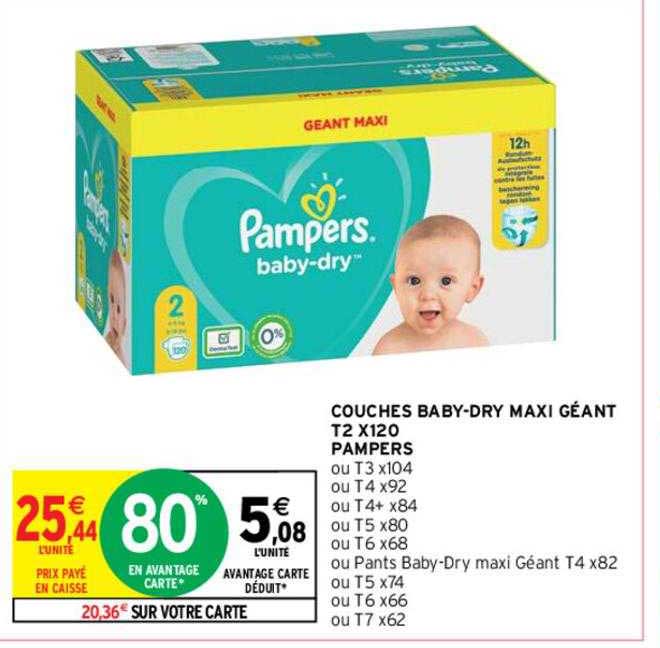 couches baby-dry maxi géant t2 x120 pampers ou pants baby-dry maxi géant t4 x82