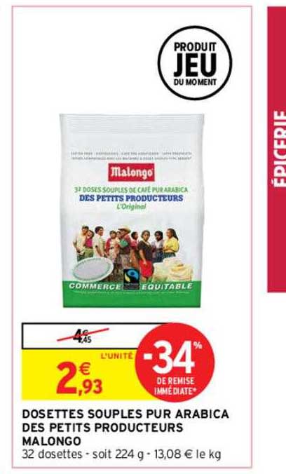 dosettes souples pur arabica des petits producteurs malongo -34% de remise immédiate