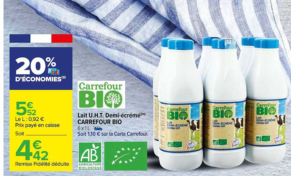 lait u.h.t. demi-écrémé carrefour bio