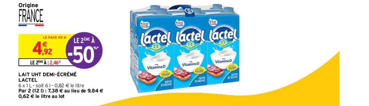 lait uht demi-écrémé lactel le 2ème à -50%
