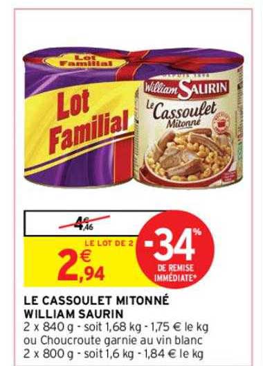 Le Cassoulet Mitonné William Saurin -30% De Remise Immédiate