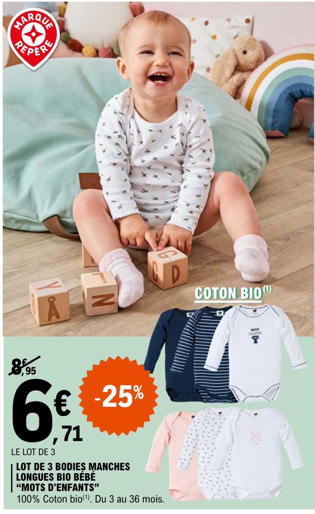 lot de 3 bodies manches longues bio bébé "mots d'enfants"