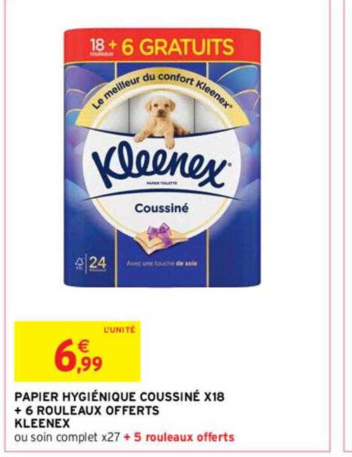 papier hygiénique coussiné x18 + 6 rouleaux offerts kleenex