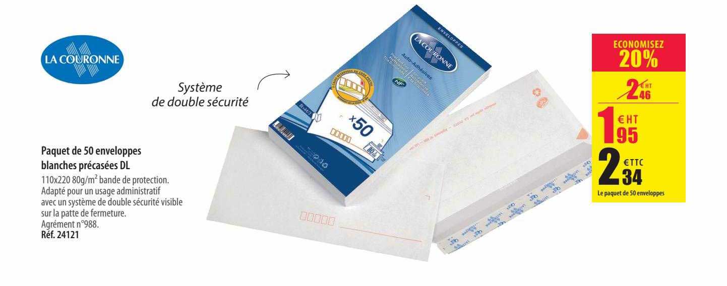 paquet de 50 enveloppes blanches précassées dl la couronne
