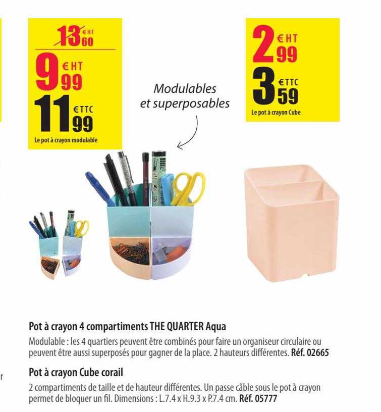 pot à crayon 4 compartiments the quarter aqua, pot à crayon cube corail