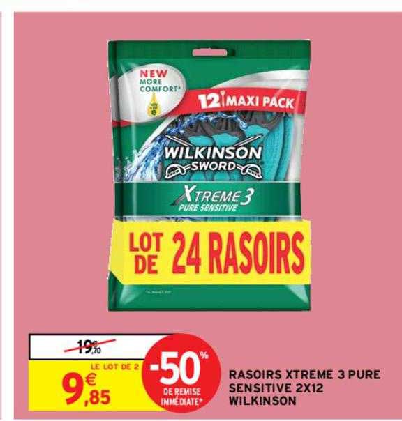 rasoirs xtreme 3 pure sensitive 2x12 wilkinson -50% de remise immédiate