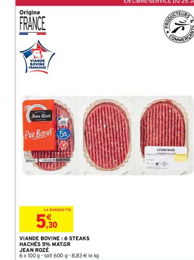 viande bovine : 6 steaks hachés 5% mat gr jean rozé