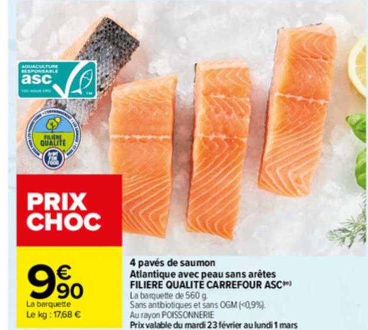 4 pavés de saumon atlantique avec peau sans arêtes filière qualité carrefour asc