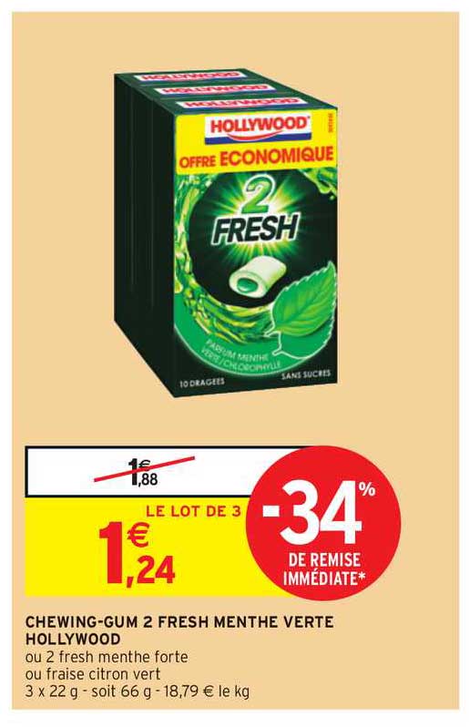 chewing-gum 2 fresh menthe verte hollywood