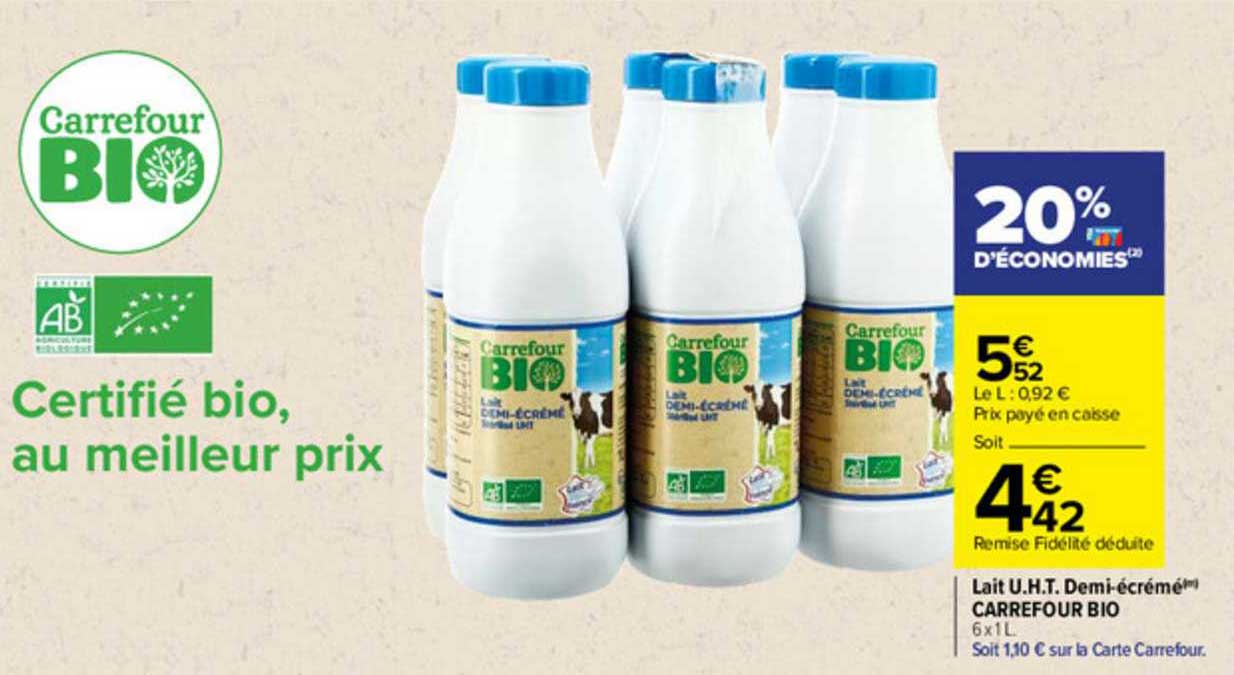 lait uht demi-écrémé carrefour bio