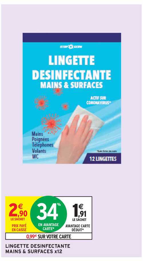 lingette désinfectante mains & surfaces x12