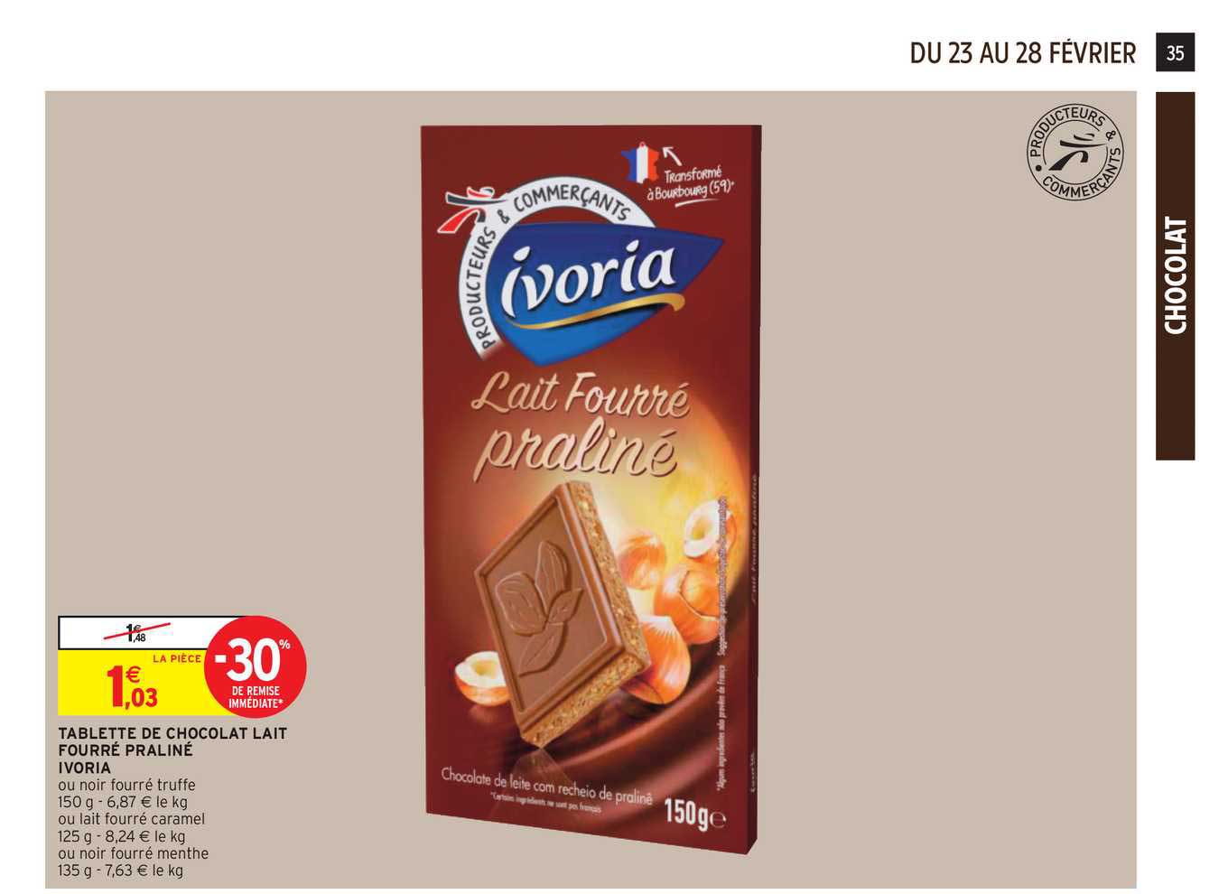 Tablette De Chocolat Lait Fourré Praliné Ivoria