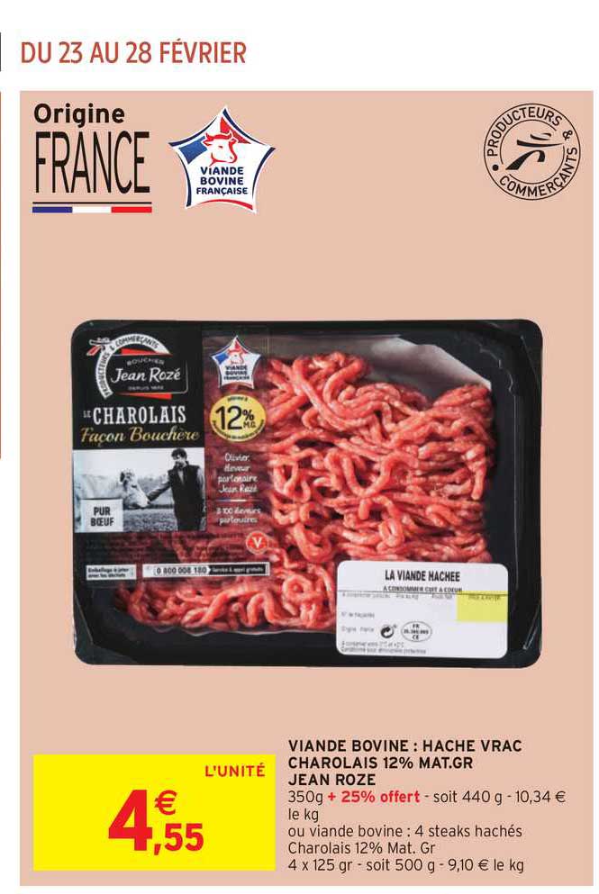 viande bovine : haché vrac charolais 12% mat.gr jean rozé