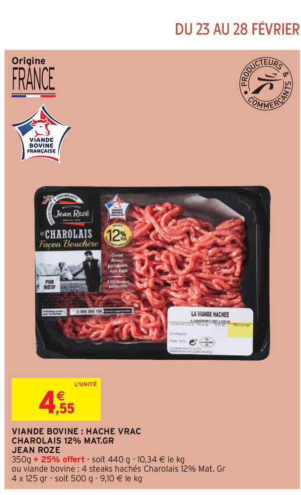 viande bovine : haché vrac charolais 12% mat.gr. jean rozé