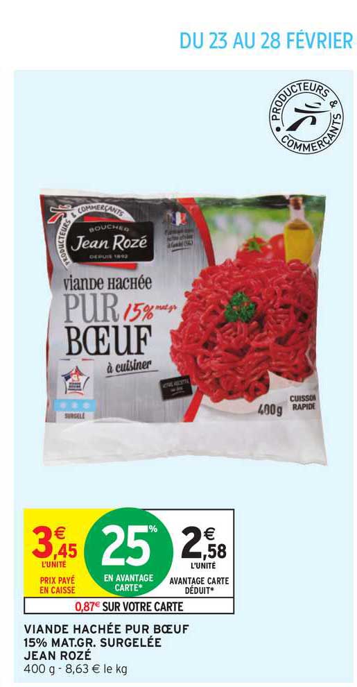 viande hachée pur bœuf 15% mat.gr. surgelée jean rozé