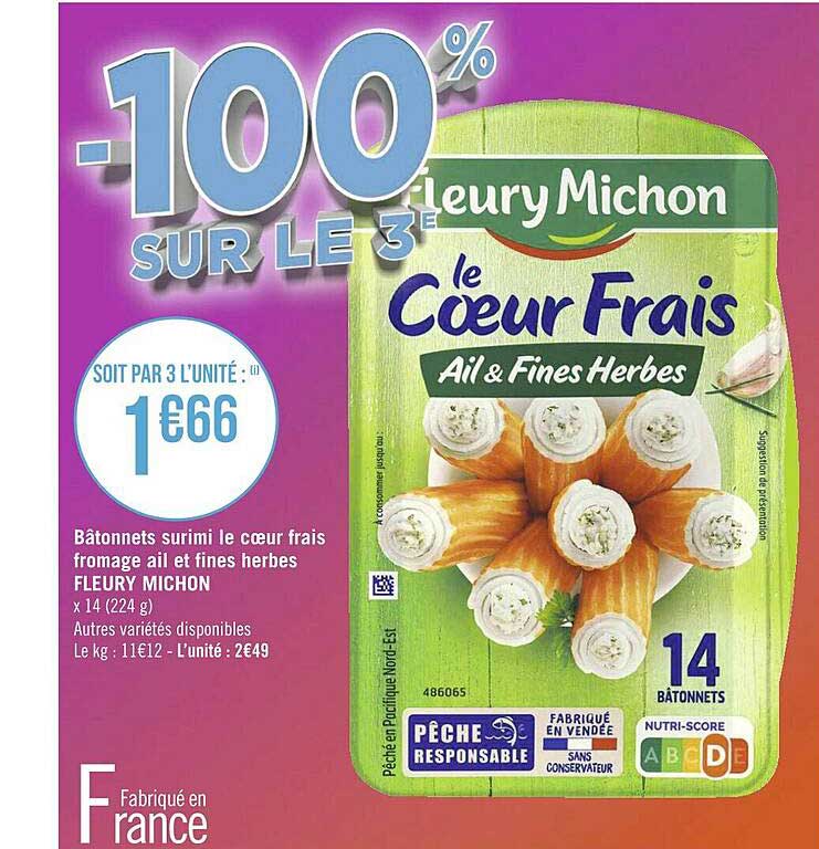 bâtonnets surimi le cœur frais fromage ail et fines herbes fleury michon