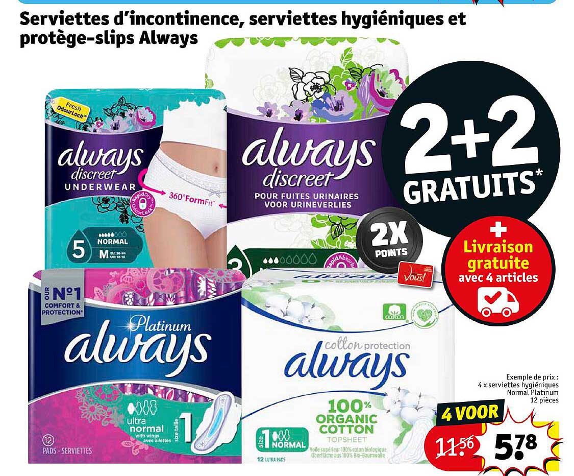 serviettes d'incontinence, serviettes hygiéniques et protège-slips always
