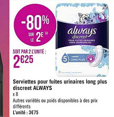 serviettes pour fuites urinaires long plus discreet always
