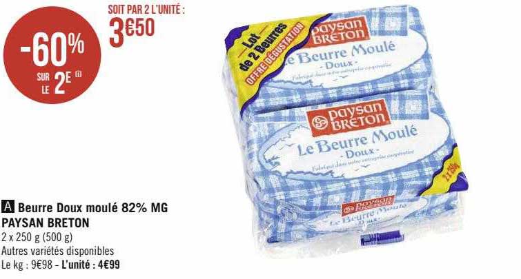 Beurre Doux Moulé 82% Mg Paysan Breton