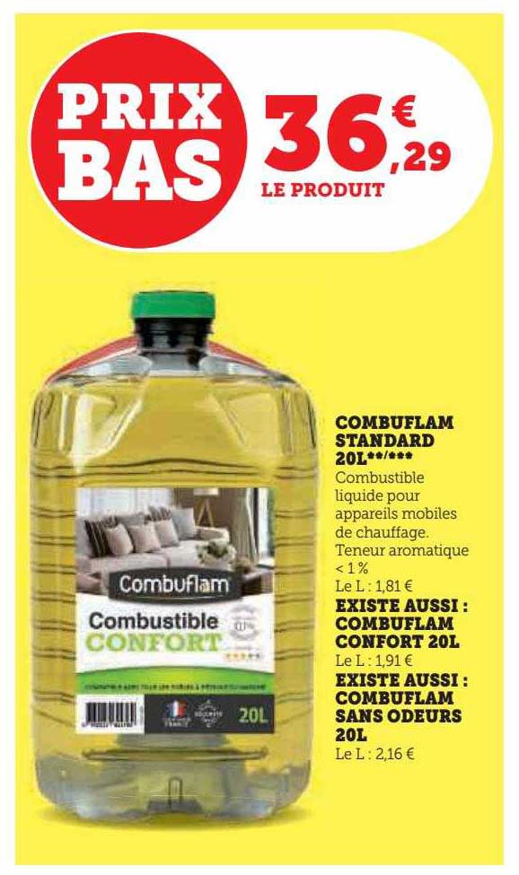 combuflam standard 20l, combuflam confort 20l, combuflam sans odeurs 20l
