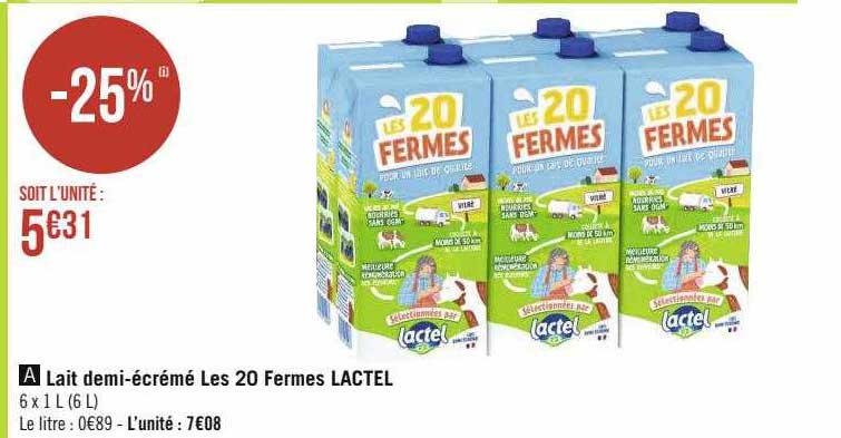 Lait Demi-écrémé Les 20 Fermes Lactel