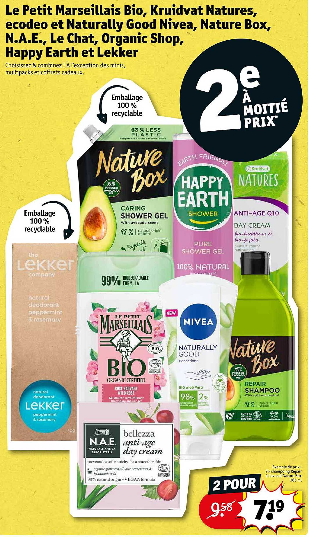 le petit marseillais bio, kruidvat natures, écodéo et naturally good nivea, nature box, n.a.e., le chat, organic shop, happy earth et lekker