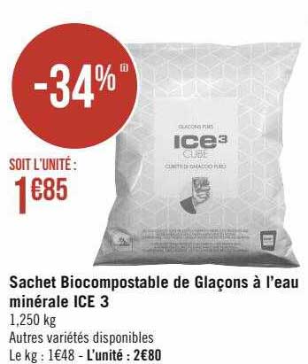 sachet biocompostable de glaçons à l'eau minérale ice 3