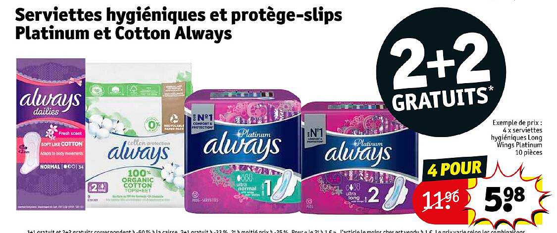 serviettes hygiéniques et protège-slips platinum et cotton always