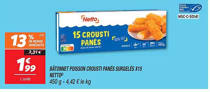 bâtonnet poisson crousti panés surgelés x15 netto