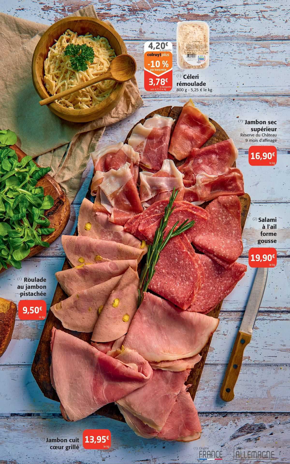 céleri remoulade, jambon sec supérieur, salami à l'ail forme gousse, roulade au jambon pistachée, jambon cuit cœur grillé