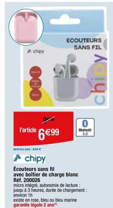 chipy écouteurs sans fil avec boîtier de charge blanc réf. 20026