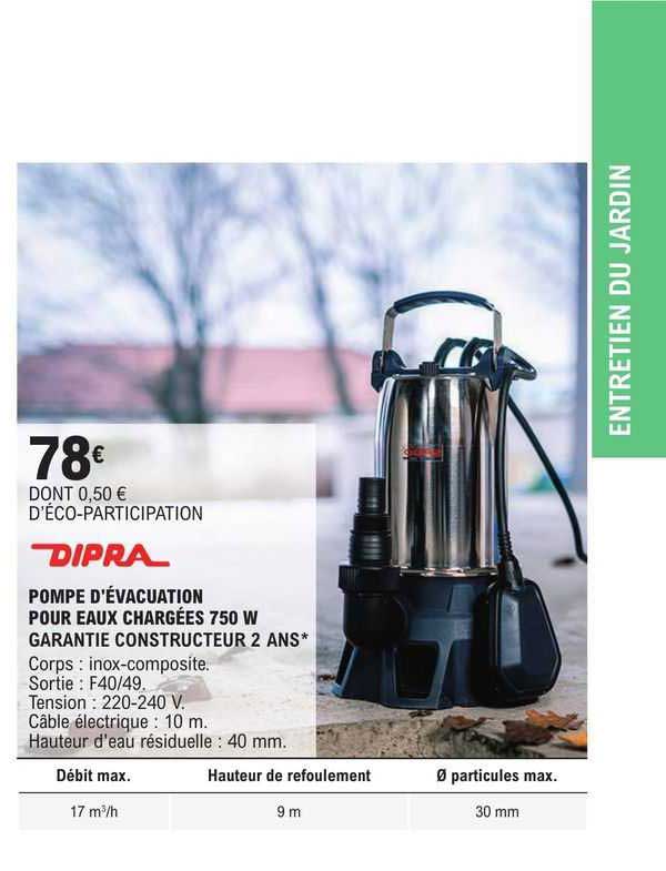 dipra pompe d'évacuation pour eaux chargées 750 w