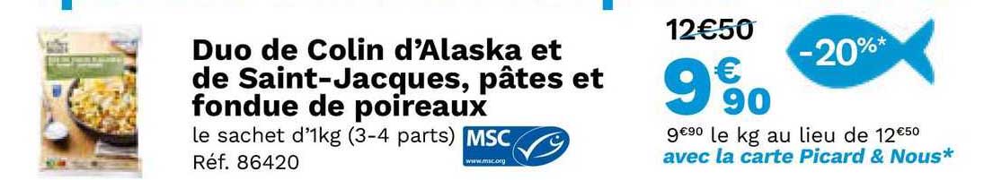 duo de colin d'alaska et de saint-jacques, pâtes et fondue de poireaux