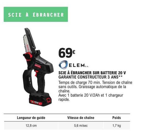 elem s.a. scie à ébrancher sur batterie 20 v