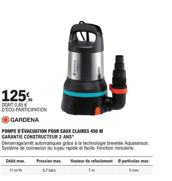 gardena pompe d'évacuation pour eaux claires 450 w