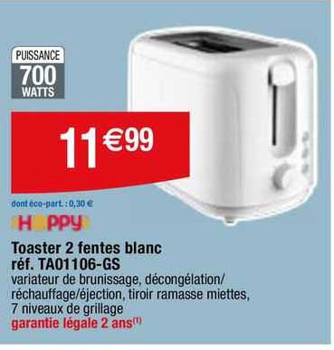 hoppy toaster 2 fentes blanc réf. ta01106-gs