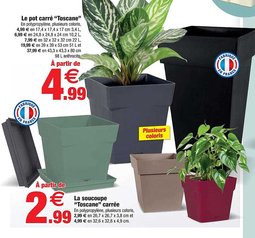 le pot carré "toscane", la soucoupe "toscane" carrée