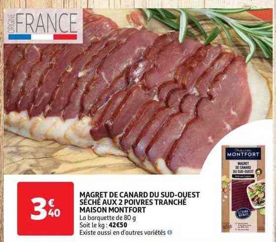 magret de canard du sud-ouest séché aux 2 poivres tranché maison montfort