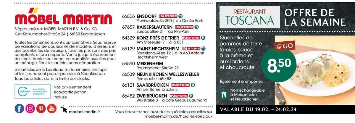 restaurant toscana, offre de la semaine : quenelles de pommes de terre farcies, sauce à la crème et aux lardons et choucroute