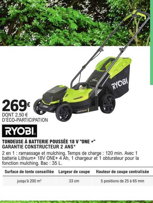ryobi tondeuse à batterie poussée 18 v "one+"