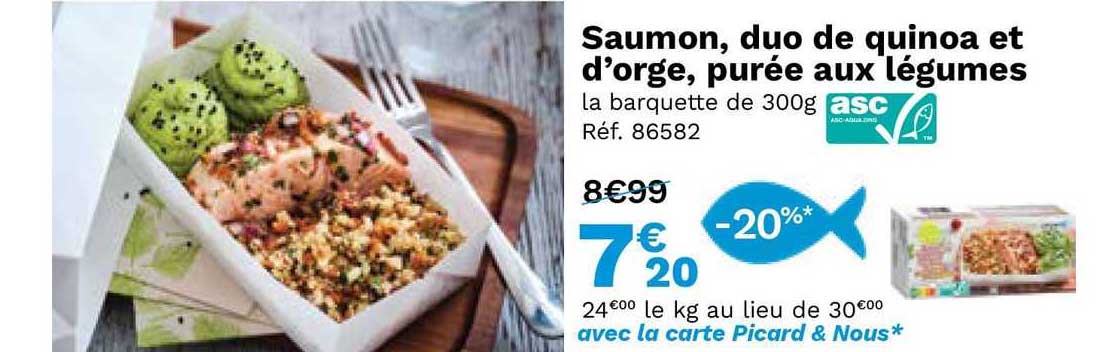 saumon, duo de quinoa et d'orge, purée aux légumes