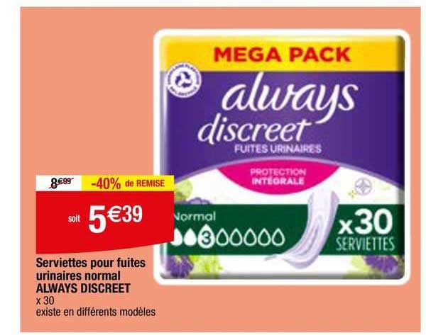 serviettes pour fuites urinaires normal always discreet