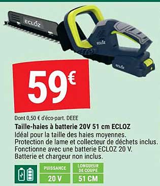taille-haies à batterie 20 v 51 cm ecloz