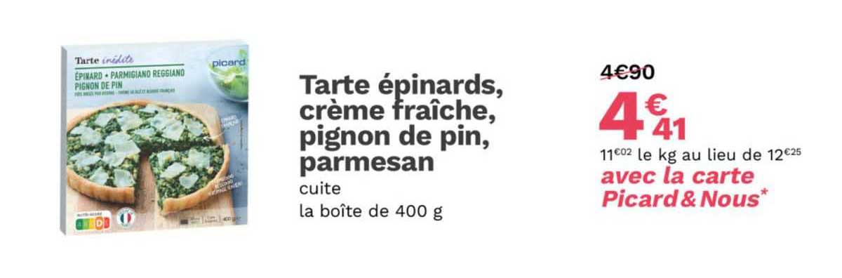 tarte épinards, crème fraîche, pignon de pin, parmesan
