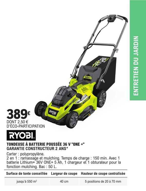 tondeuse à batterie poussée 36 v "one+" ryobi