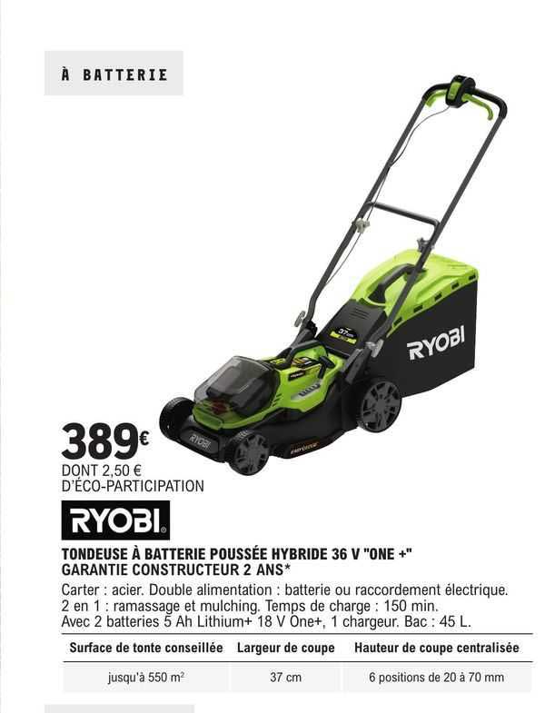 tondeuse à batterie poussée hybride 36 v "one+" ryobi