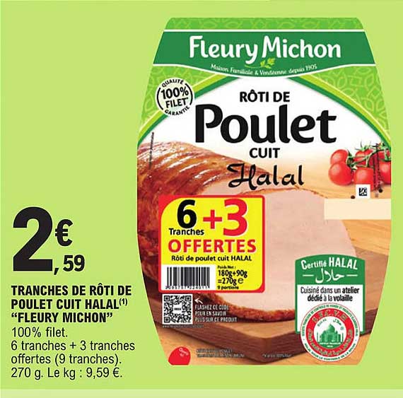 tranches de rôti de poulet cuit halal "fleury michon"