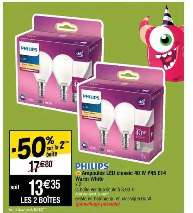 ampoules led classic 40 w p45 e14 warm white philips