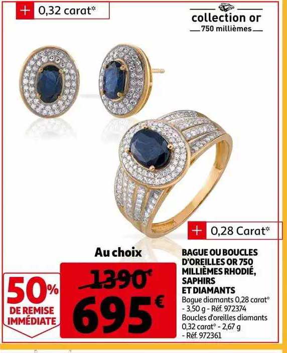 bague ou boucles d'oreilles or 750 millièmes rhodié, saphir et diamants