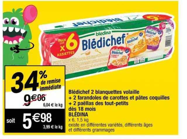 blédichef 2 blanquettes volaille + 2 farandoles de carottes et pâtes coquilles + 2 paëllas des tout-petits dès 18 mois blédina